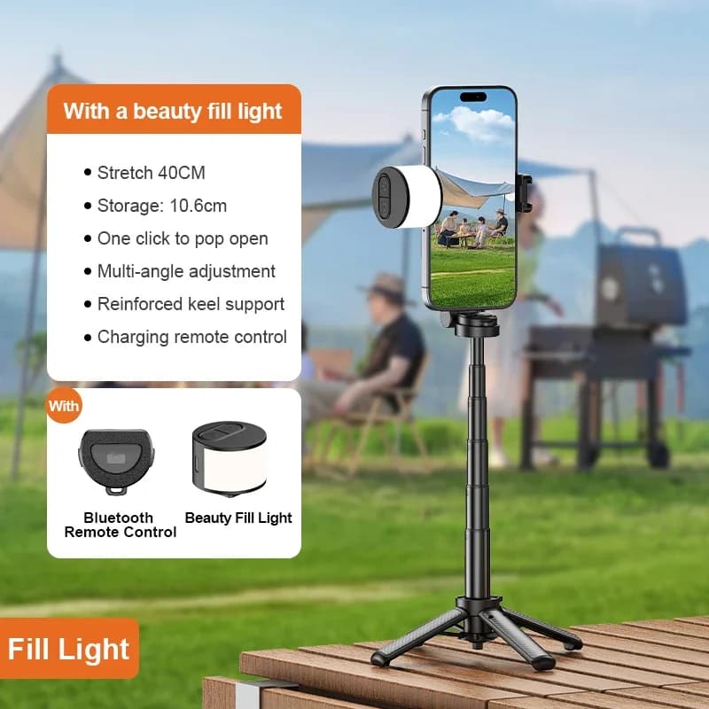 Supporto per telefono pieghevole con supporto a quattro angoli per selfie stick protetto da esterno con luce di riempimento per staffa da tavolo per smartphone iPhone