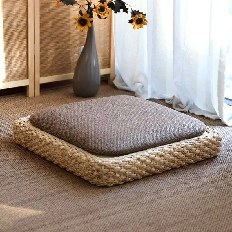 Handwoven Rattan & Linen Floor Cushion with Solid Wood Frame, Japanese Style Tatami Meditation Seat for Kneeling, Yoga