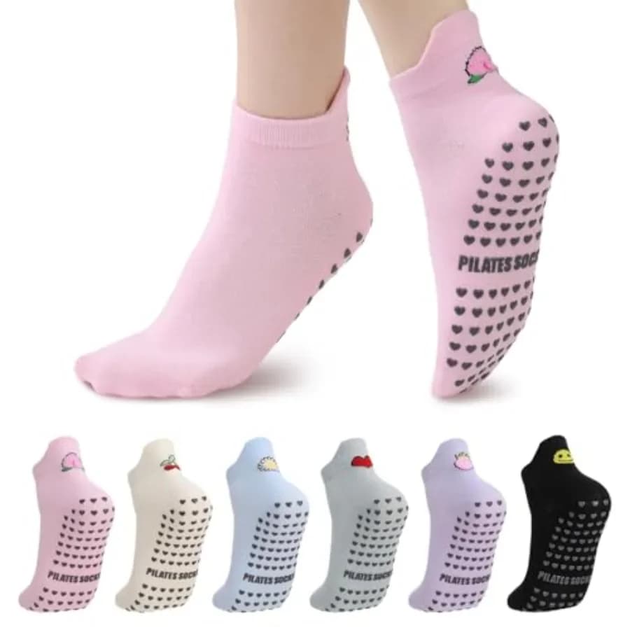6 Pairs Pilates Socks with Grips for Women - Non-Slip Yoga Ankle Sock, Soft Breathable Cotton Crew Socks for Barre, Ballet, Bar