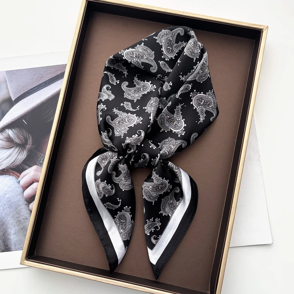 Women's Scarf with Paisley Print, Silk Scarf Imitation, Bandana, Hijab, Hairband, Square Scarf, Spaghetti