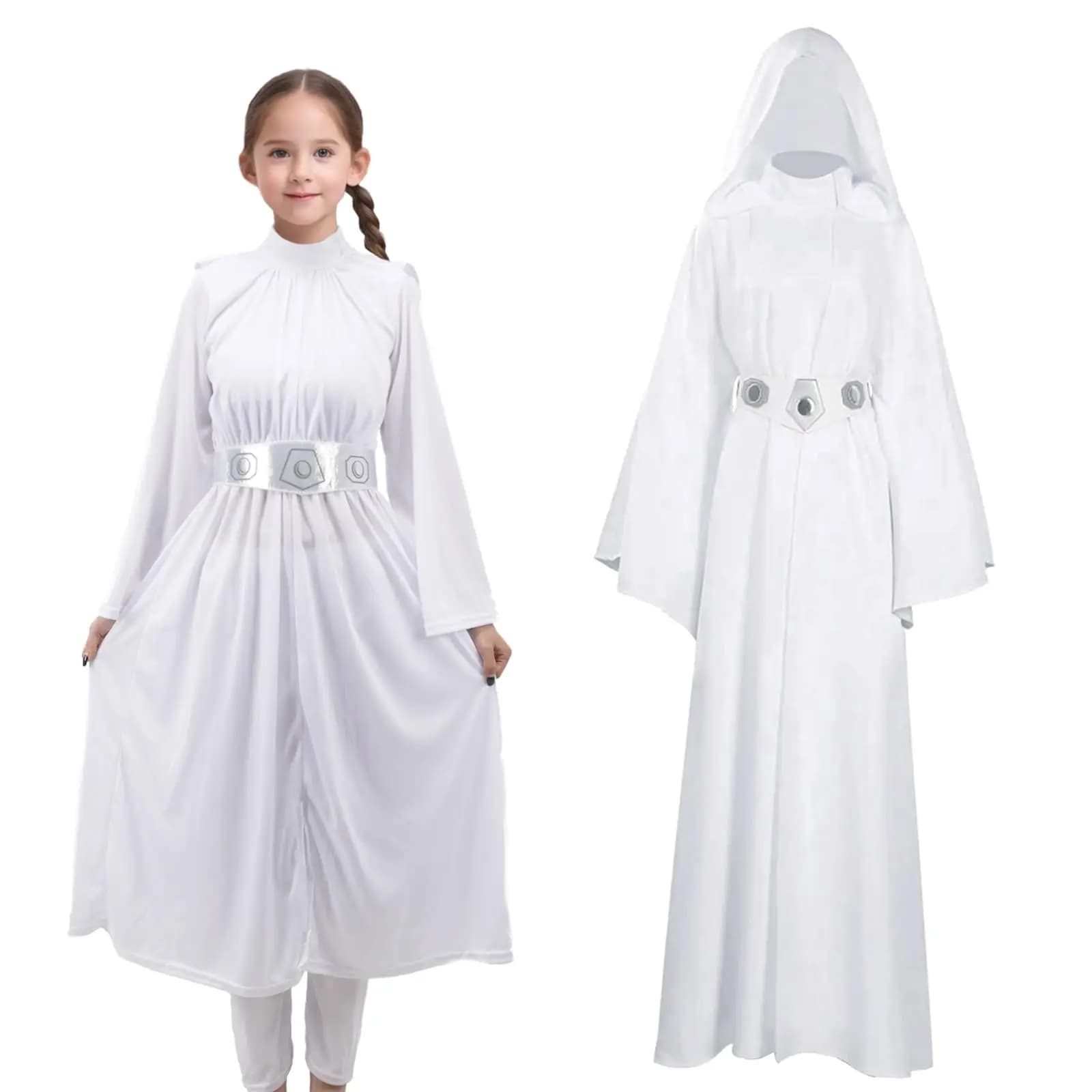 Costume da principessa bianco per ragazze con cintura Tunica bianca con cappuccio Abito da principessa Leia Costume cosplay di Halloween