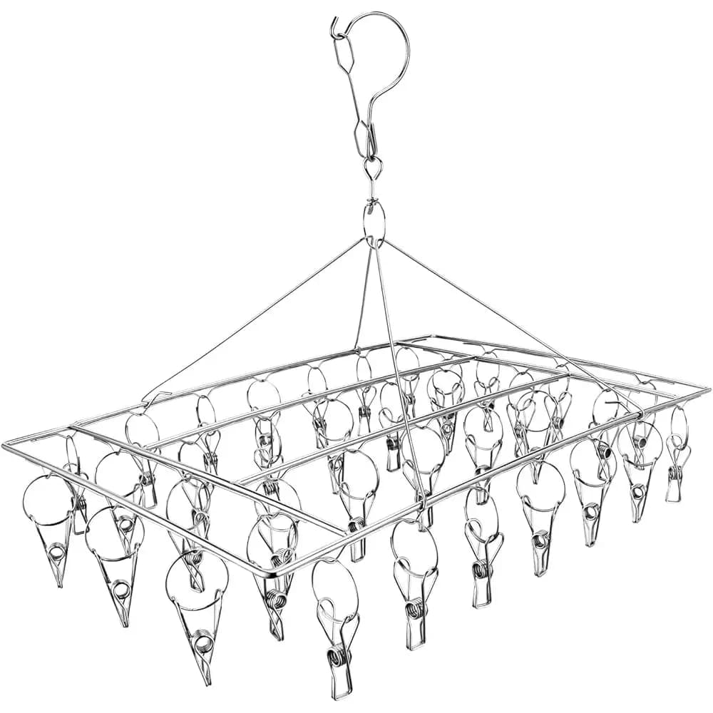 Stendibiancheria in Acciaio Inox con 36 Clip, Gancio Girevole Antivento per Calzini, Reggiseni, Biancheria Intima, Lavanderia