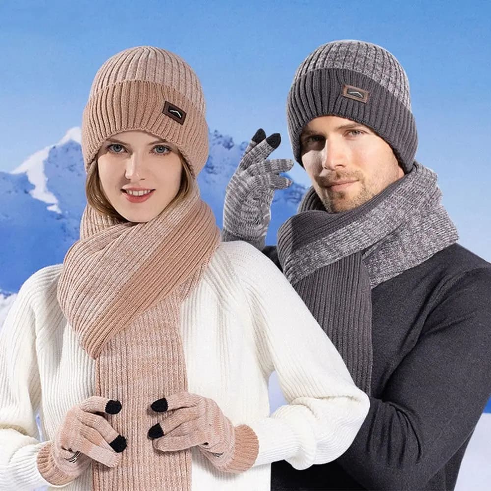 3 pcs/set Winter Warm Beanie Hat Wool Scarf Maid Gloves Touch Screen Outdoor Windproof Cap for Women Men