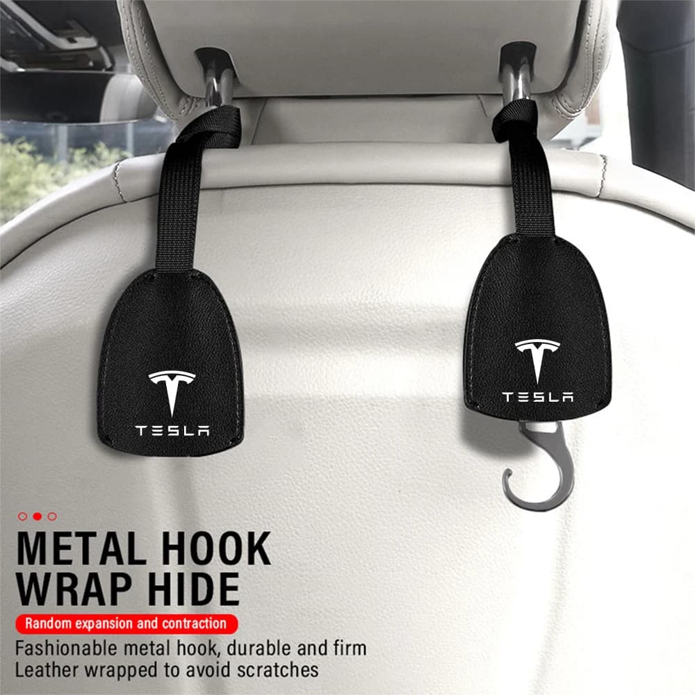 1pc Pu Leather Car Rear Seat Back Portable Hanging Hook For Tesla Model 3 S Y X Highland Roadster Auto Valve Cap Accessories