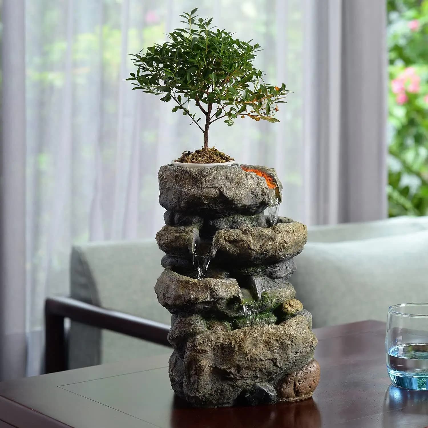 Table Fountain with LED Light and Plant Vase, for Home and Office Furniture, Automatic Irrigation System