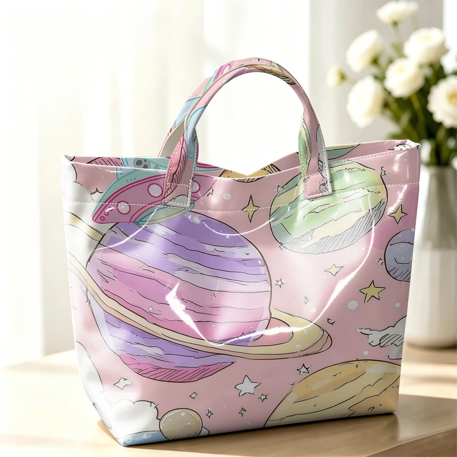 Cartoon Planet Fashion Large Glossy PVC Tote Bag Hand Washable Waterproof Perfect Travel Commute Cosmetic Storage Shopper