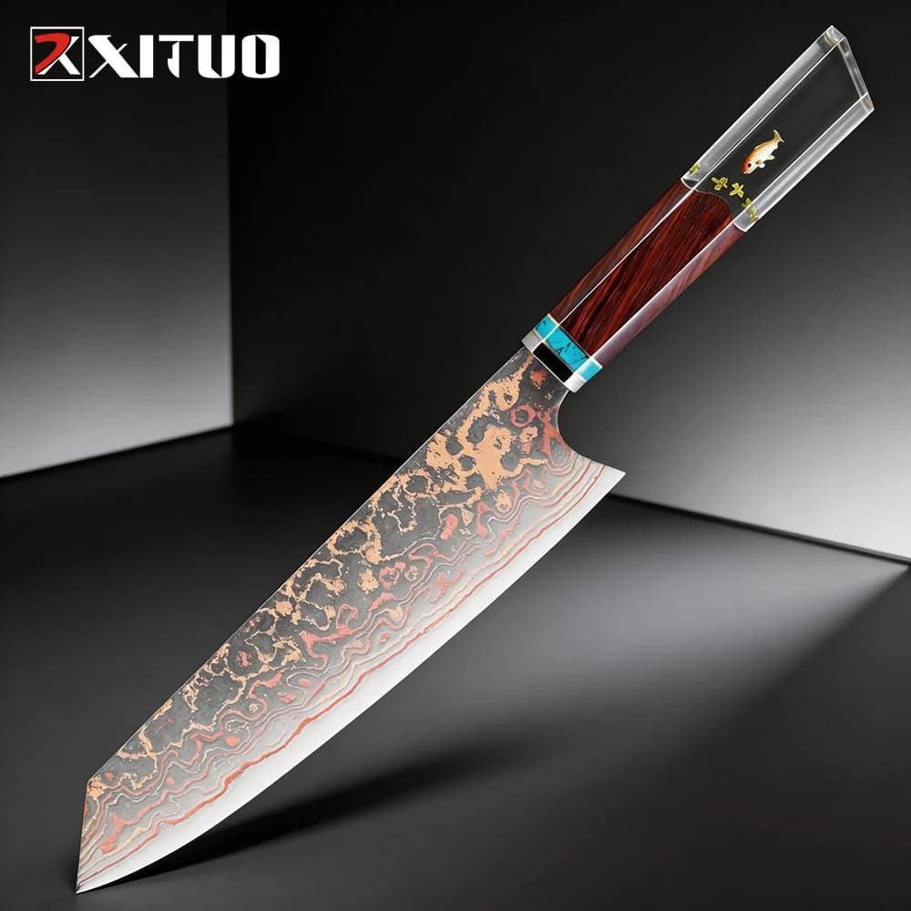 Coltello da chef Kiritsuke, 8 pollici, 37 strati tricolore in rame di Damasco Acciaio-Coltello damasco giapponese per chef e cucina domestica-Razor Shar