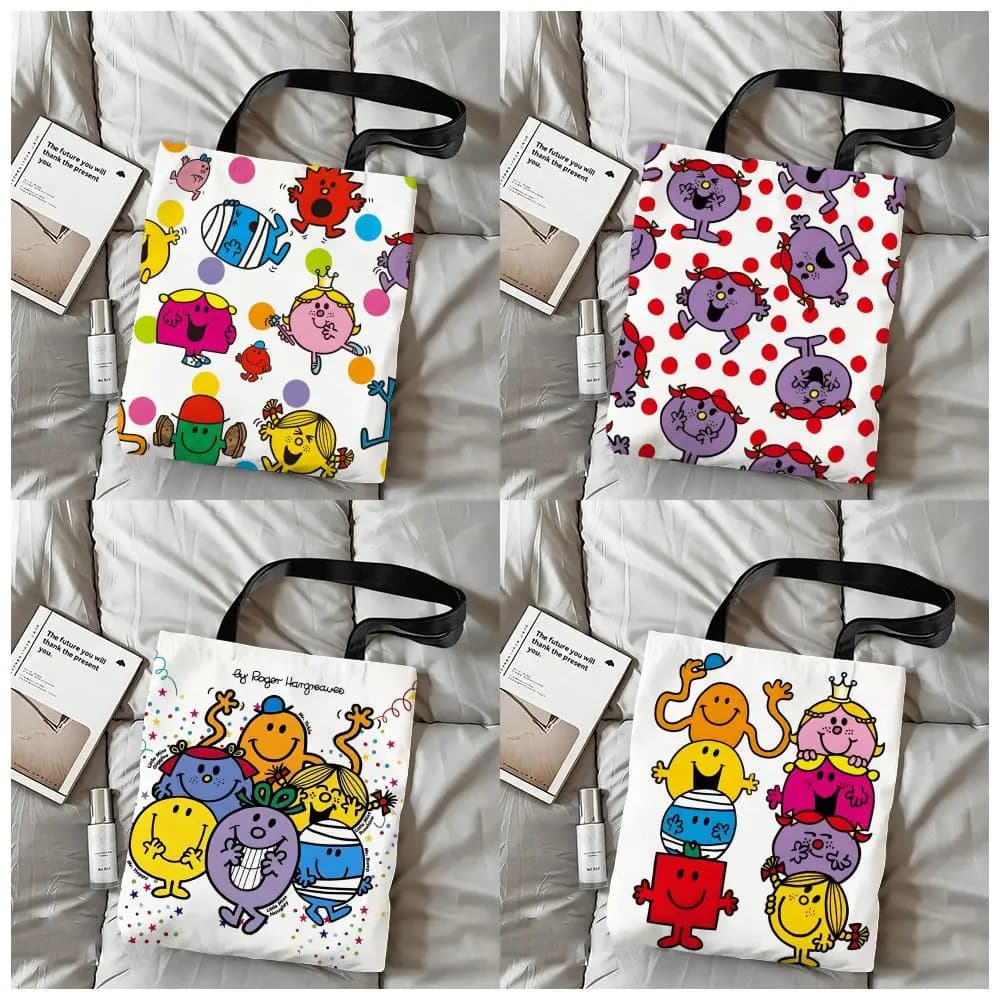 Borse portaoggetti Mr. Men e L-Little Miss, borsa a tracolla in tela con stampa fronte-retro, borsa riutilizzabile ecologica per la spesa