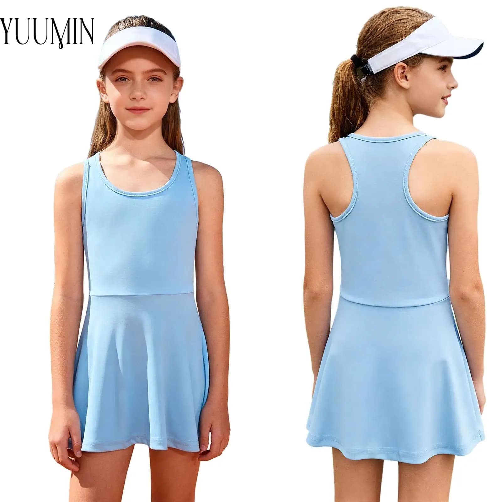Abito da tennis da allenamento per bambina, senza maniche, con retro scollato, prendisole, tinta unita, abiti sportivi da golf per esercizi di badminton e pallavolo