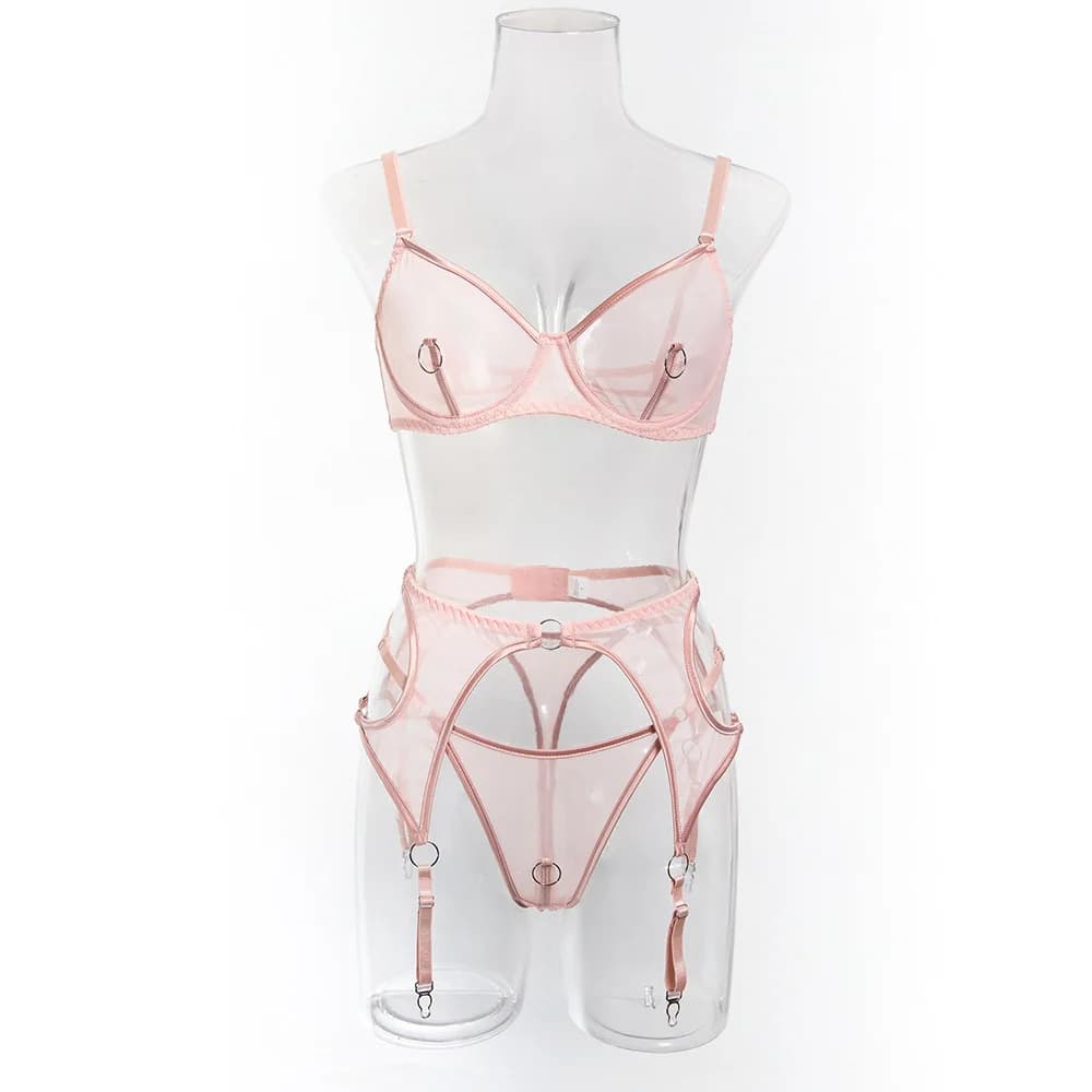 Sexy Perspective Gathering Mesh Bra Lingerie Women's High Elasticity Underwear Set with Breast Rings Female Exotic Apparel Sets