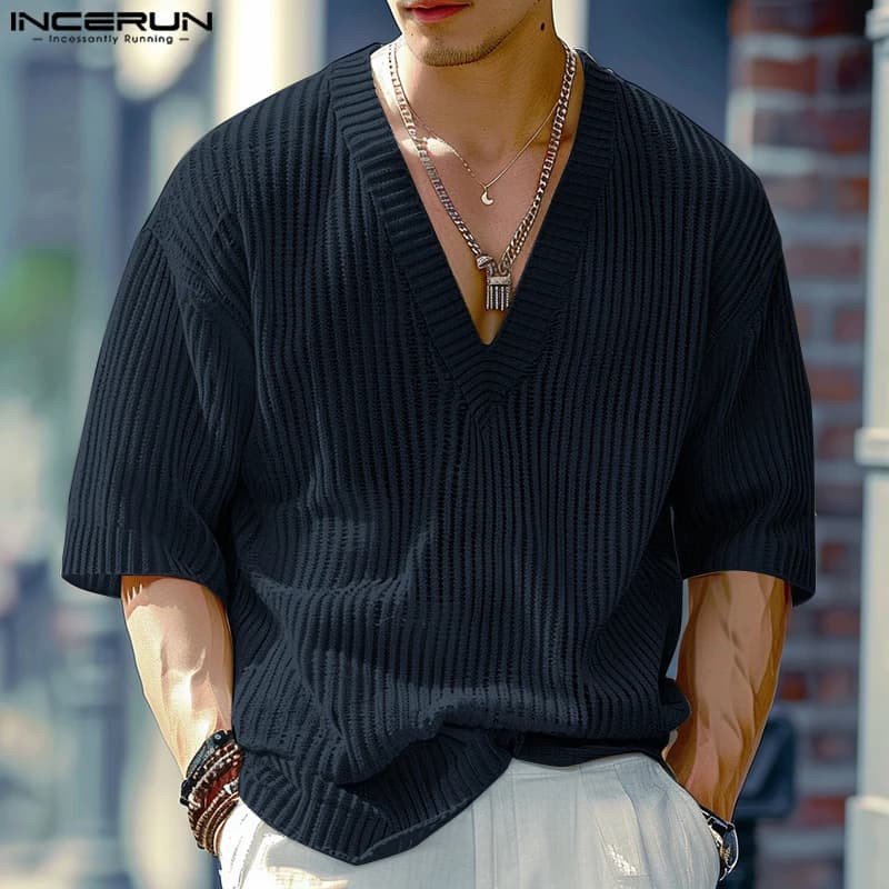 INCERUN Camicie da uomo in maglia a costine tinta unita con scollo a V e mezza manica