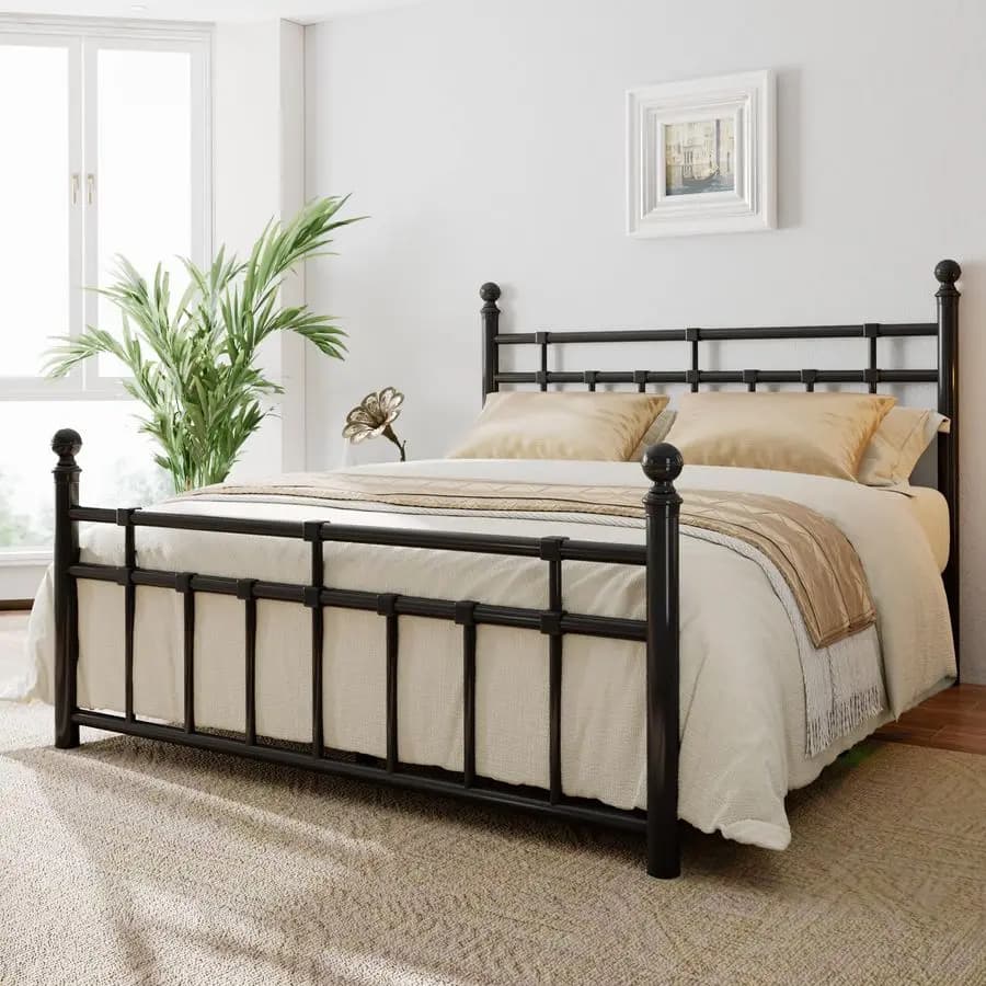Metal double bed frame with vintage headboard and footboard, double bed in rustic style, container under the bed, does not need spring net