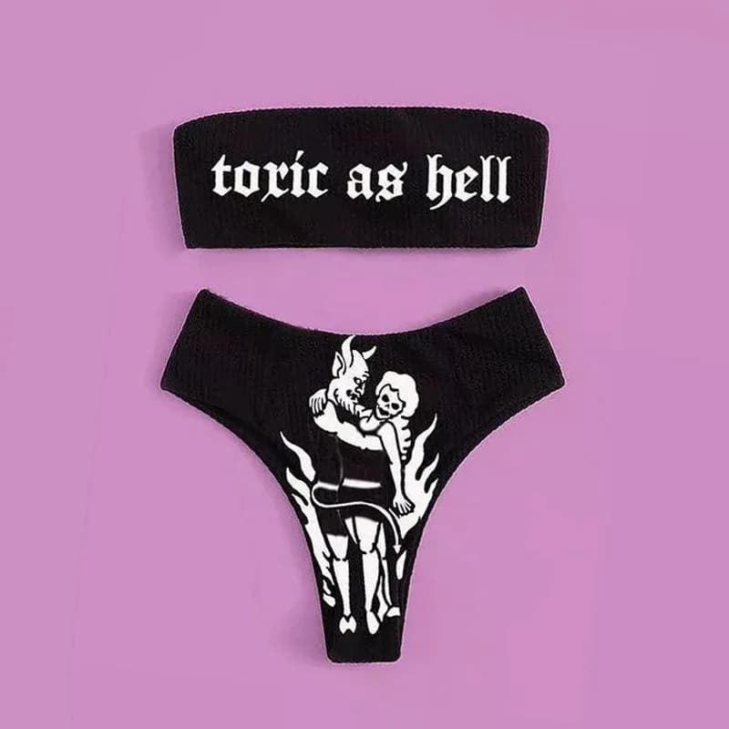 Gothic Punk Bikini Set, Dark Grunge Print Strapless Swimsuit, Y2K Streetwear Bathing Suit for Women