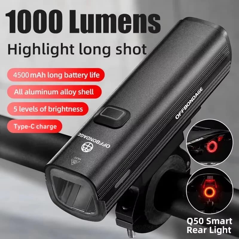 Bicycle Light OFFBONDAGE 1000 Lumen, Front Headlight for Cycling, Handlebar Torch, USB Charging, MTB Light and High Brightness Road