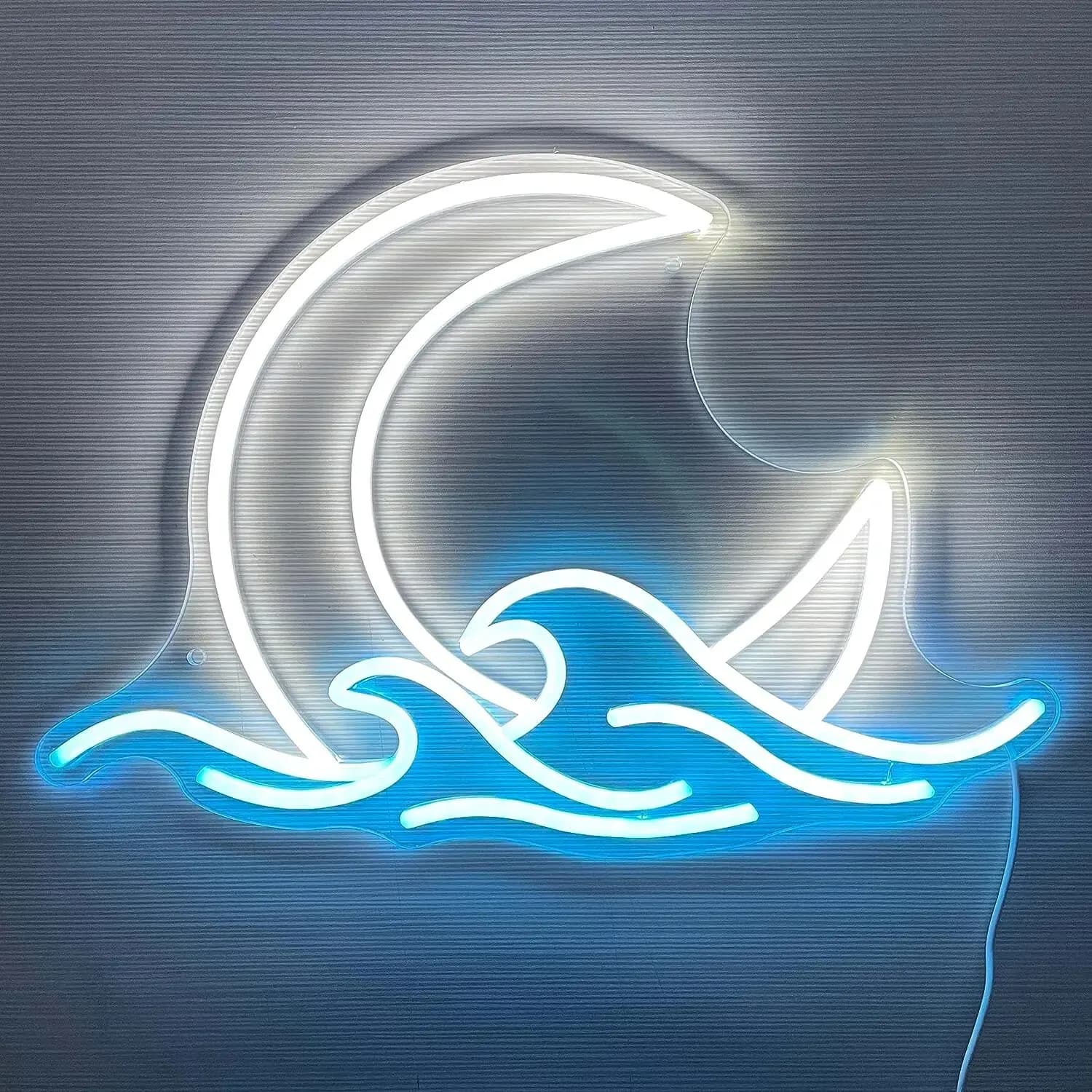 Insegna al neon Luna sul mare Luce al neon Crepuscolare Onda LED Insegne da parete per la decorazione della stanza Anime Neon Light Moon Sign Regali