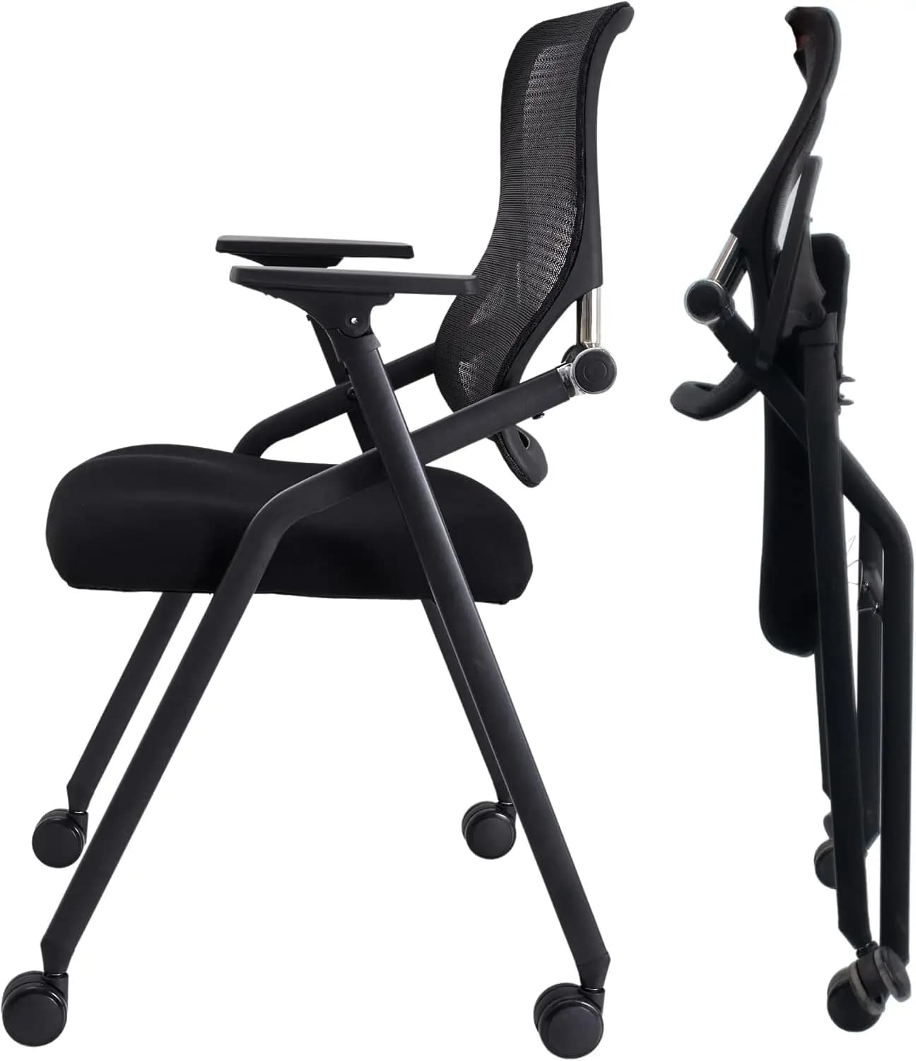 Stackable Foldable Conference Room Chair With Lumbar Support Armrests Mesh Back Padded Cushion Seat Guest Office Training Furniture Accessories, Black
