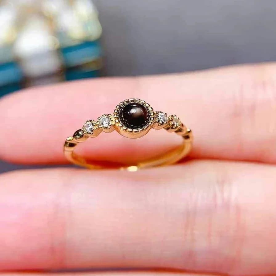 Anello in argento puro 925 con stella leggera, zaffiro grigio naturale da 4 mm, anello con pietra preziosa placcata in oro 18 carati per l'uso quotidiano