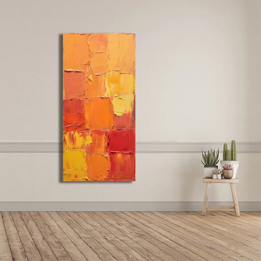 Structured image acrylic orange, hand-made artwork, artistic wall design on canvas, frameless, large paintings, abstract design