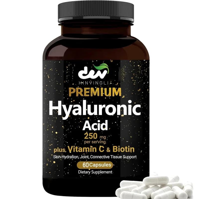 Hyaluronic acid supplement, containing vitamins, support: skin hydration, joint lubrication, hair health and eyes