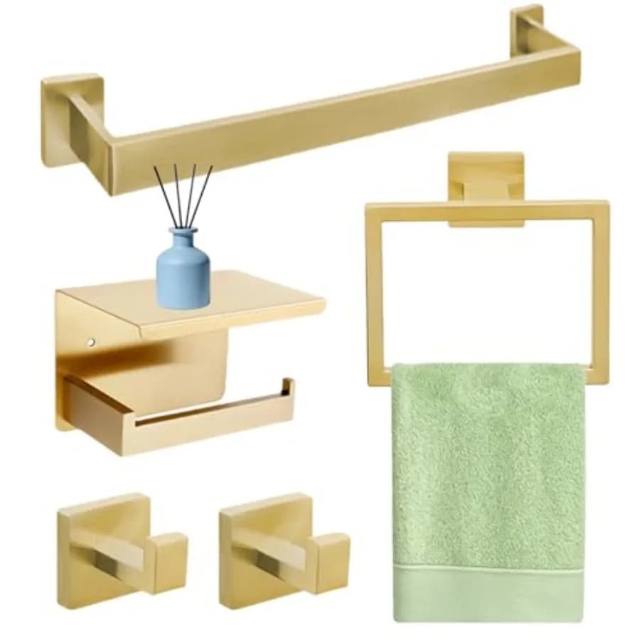 Set di 5 Accessori per Bagno in Oro Spazzolato, Portasciugamani da 16 Pollici in Acciaio Inox con Portarotolo