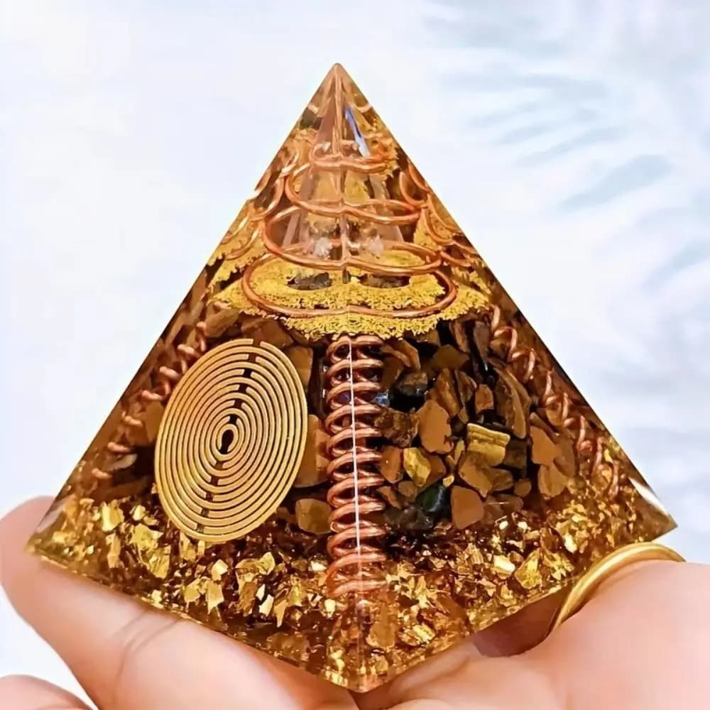 Piramide in Resina Epossidica con Occhio di Tigre 4cm, Artigianato in Resina Fatto a Mano, Spirale in Filo di Rame, Decorazione per Casa e Scrivania