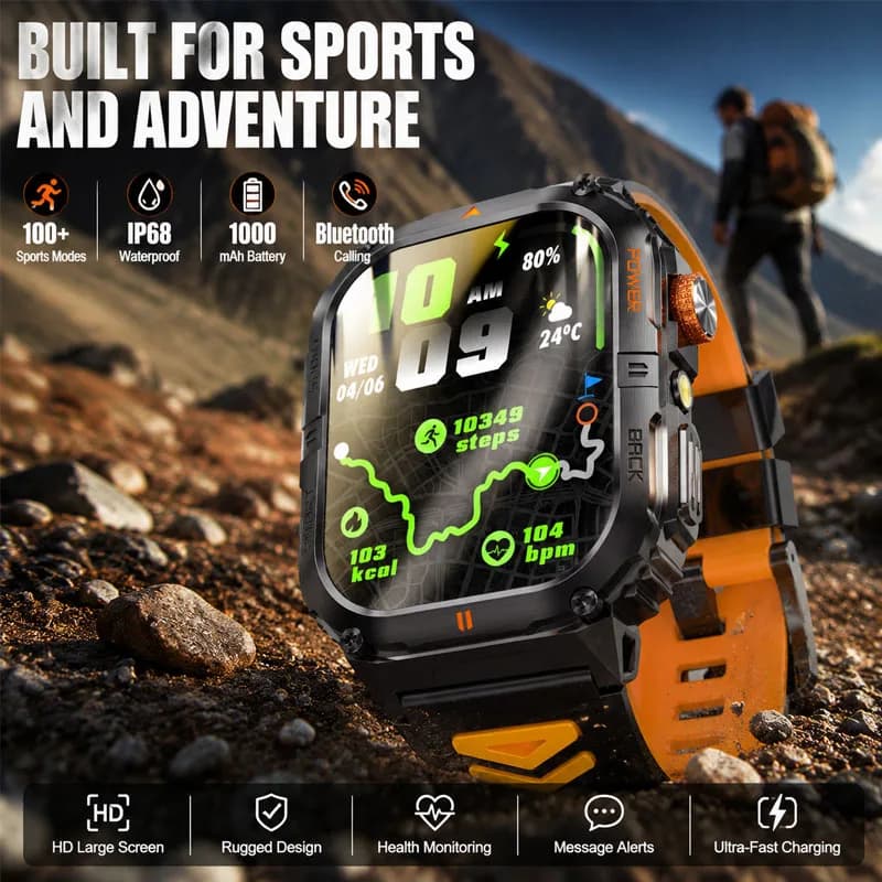 Men Outdoor Smartwatch 1000mAh 2.0 Inches IP68 Waterproof 100+Sport Mode Heart Rate Sleep LED Flashlight BT Call Smartwatch Men