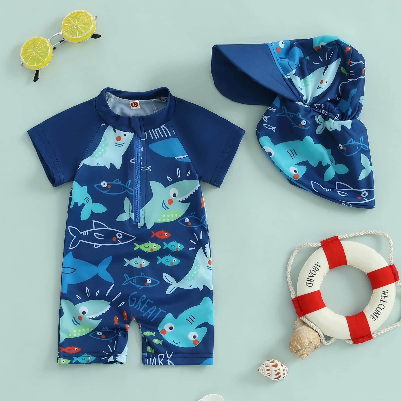 BeQeuewll Children's Summer Swimsuit Rash Guard Children's Swimwear Print Shark Chenier Short Sleeves Hooded Kids Swimwear
