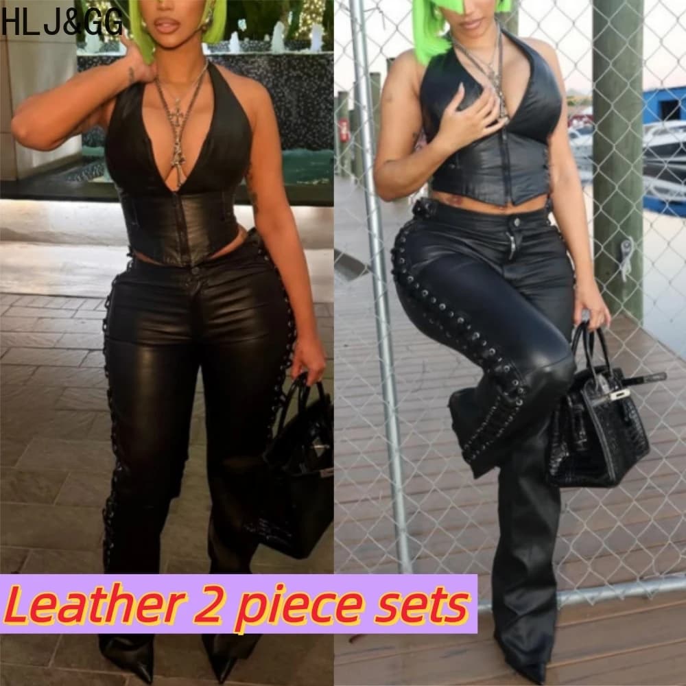 HLJ&GG Black Sexy Leather Side Bandage Pants Two Piece Sets Women Halter Deep V Slim Top And Trousers Outfits Spring Streetwear