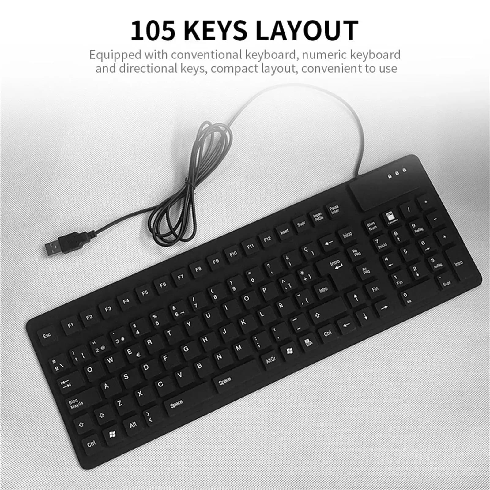 Foldable 10 USB Spanish Keyboard Rollup Keyboards for Desktop Computer Laptop Black