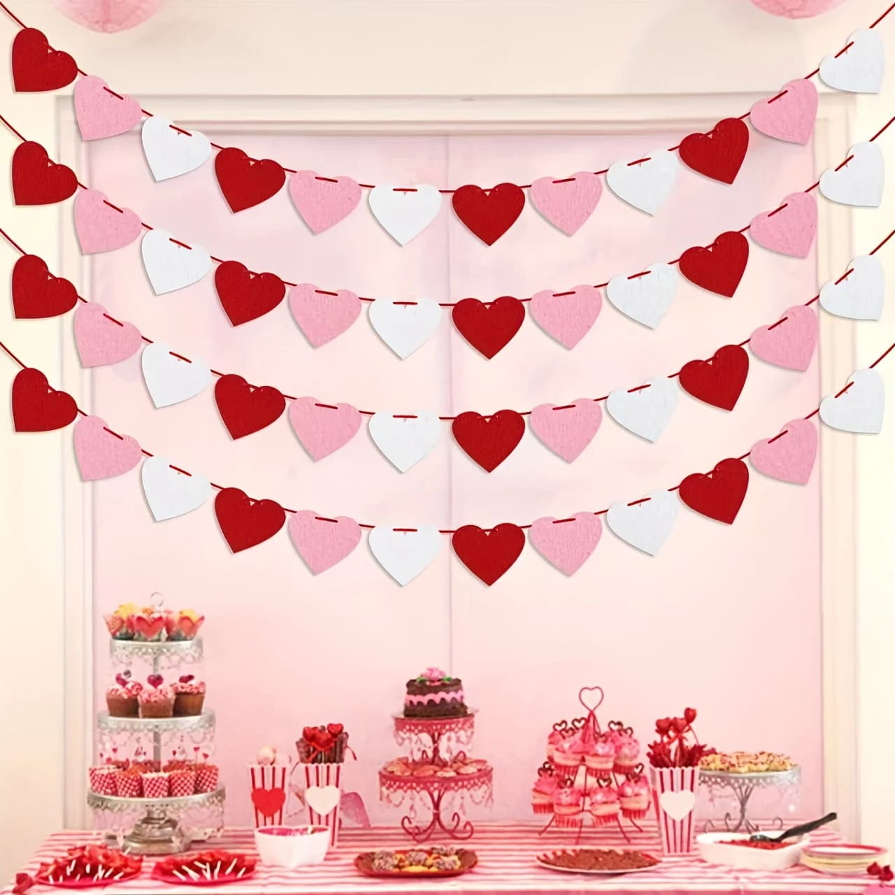 60-Piece Valentine's Day Heart Garland Felt Banner Heart-Shaped Door Curtain Hanging Decoration Wedding Room Decoration Party Heart String Banner Wedding Room Garland Happy Anniversary Wedding Decoration