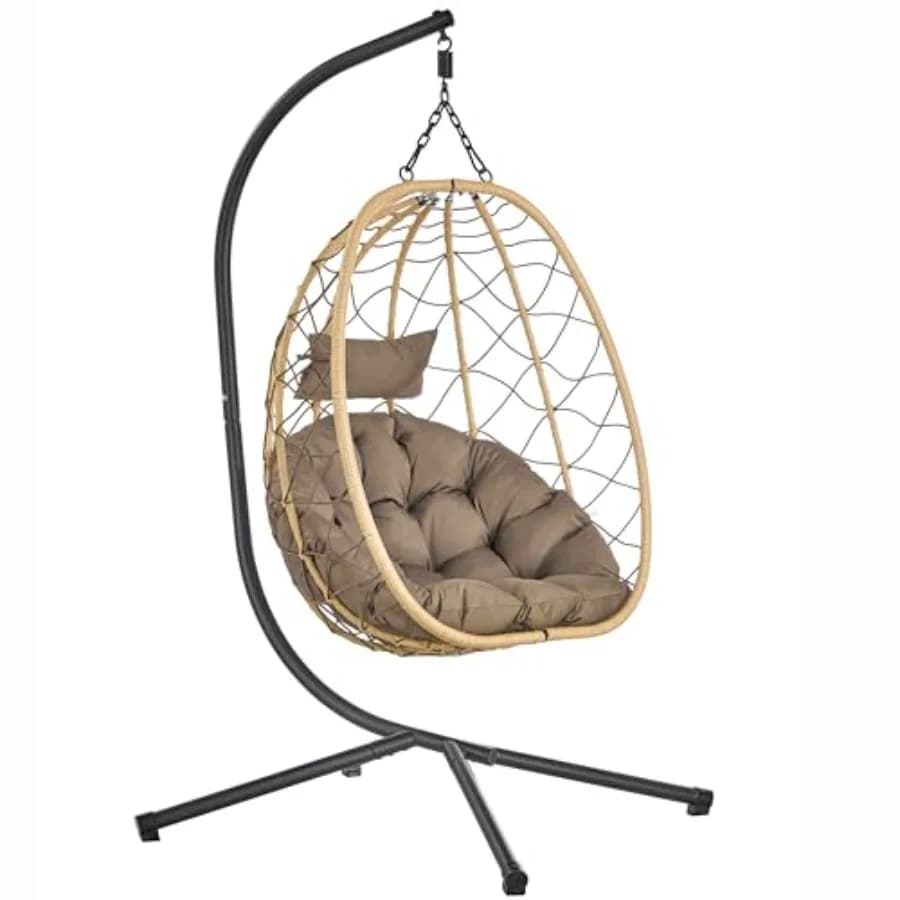 Sedia a dondolo sospesa per patio, giardino, balcone o camera da letto; struttura in acciaio, tessuto in poliestere marrone; cuscini morbidi marroni; resistente alle intemperie