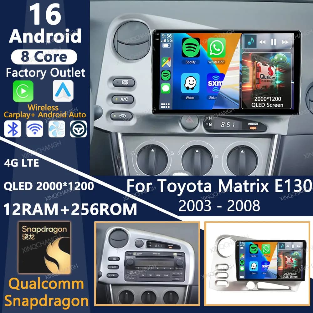 Android 16 Car Radio For Toyota Matrix E130 2003 - 2008 Qualcomm Multimedia Stereo Video Player QLED Head Unit 4G LTE 5G WIFI BT