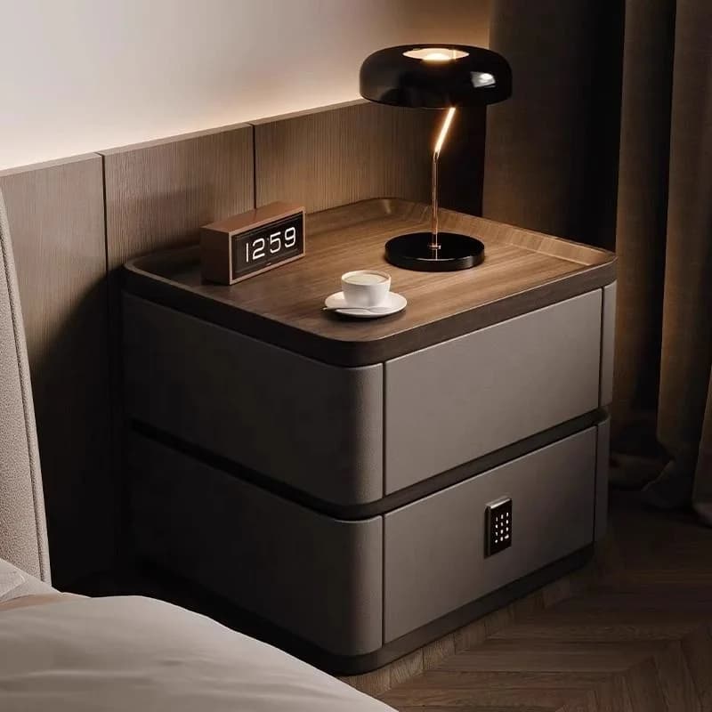 Comodino Moderno in Legno Personalizzabile con LED, 2 Cassetti in Pelle e Serratura Codificata