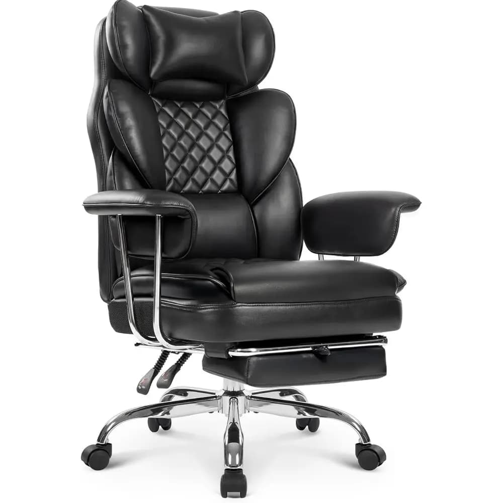 High-Back Heavy-Duty Gaming Chair with Lumbar Support, Adjustable Recliner and Wide Seat, Leather Black