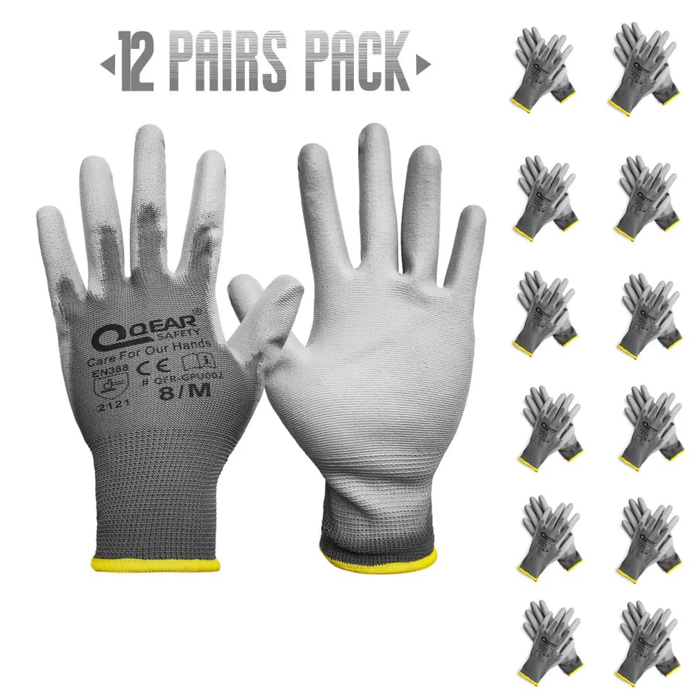 QEARSAFETY 12 Pairs PU Thin Work Safety Gloves, Multi-Function, Light-Weight, Anti-Slip, Breathable,Fit To Hand,Soft