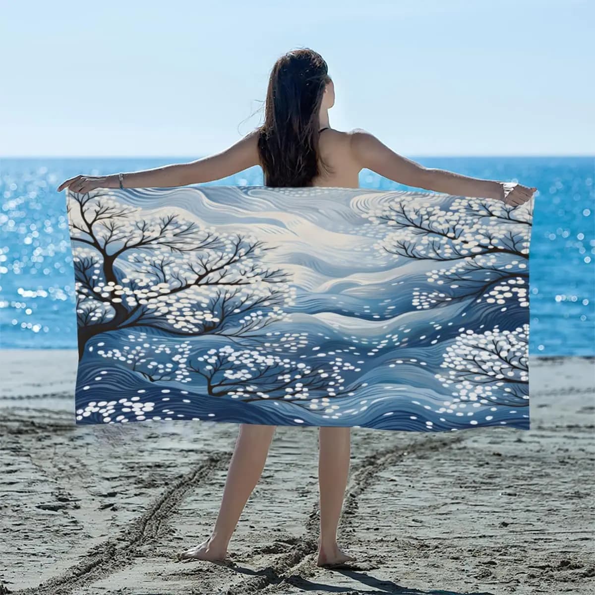 Grande telo mare ondulato con motivo a fiori di prugna per adulti, ad asciugatura rapida, telo da piscina, telo da viaggio, telo da bagno, coperta da spiaggia anti-sabbia per il nuoto