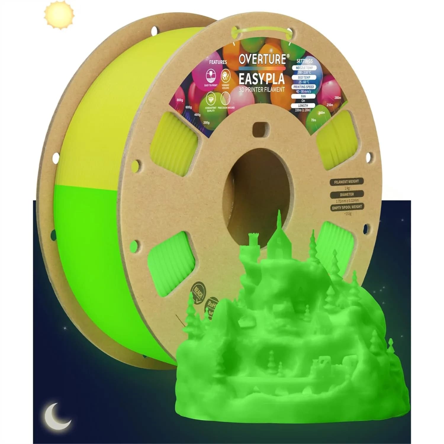 Filamento PLA Luminescente 1.75mm, Bobina da 1kg (2.2 libbre), Precisione Dimensionale +/- 0.02 mm, Compatibile con la Maggior Parte delle Stampanti FDM