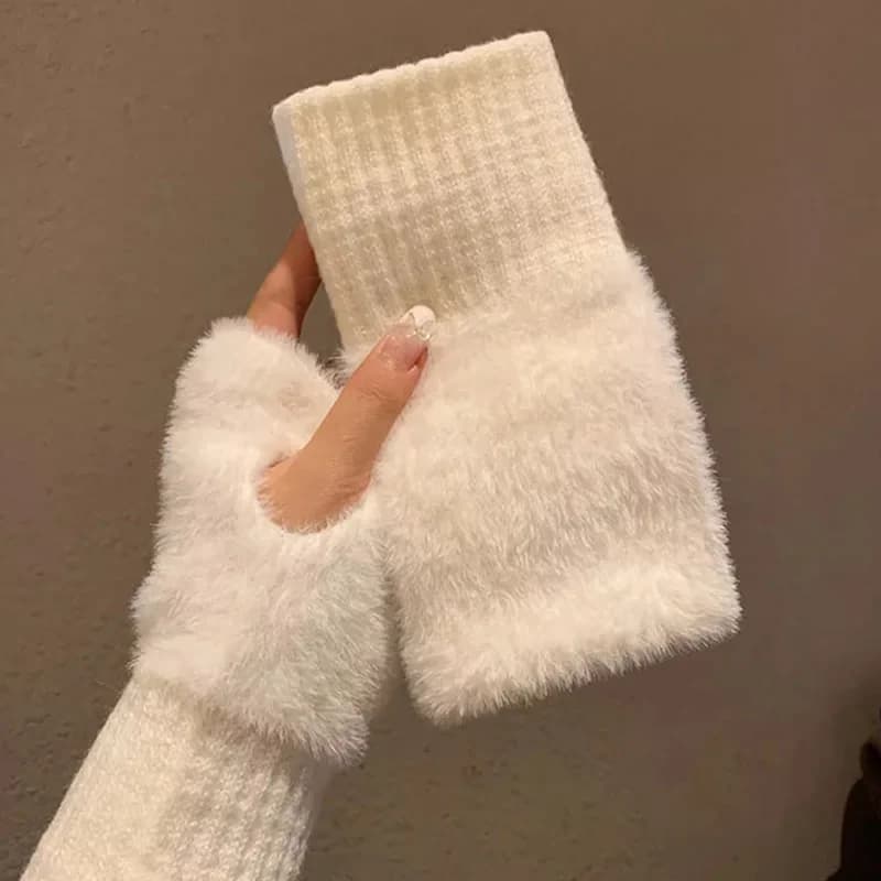 Women's Soft Women's Mid-Sweet Gloves Wrist Gloves without finger knitted solid white luxury women's warm