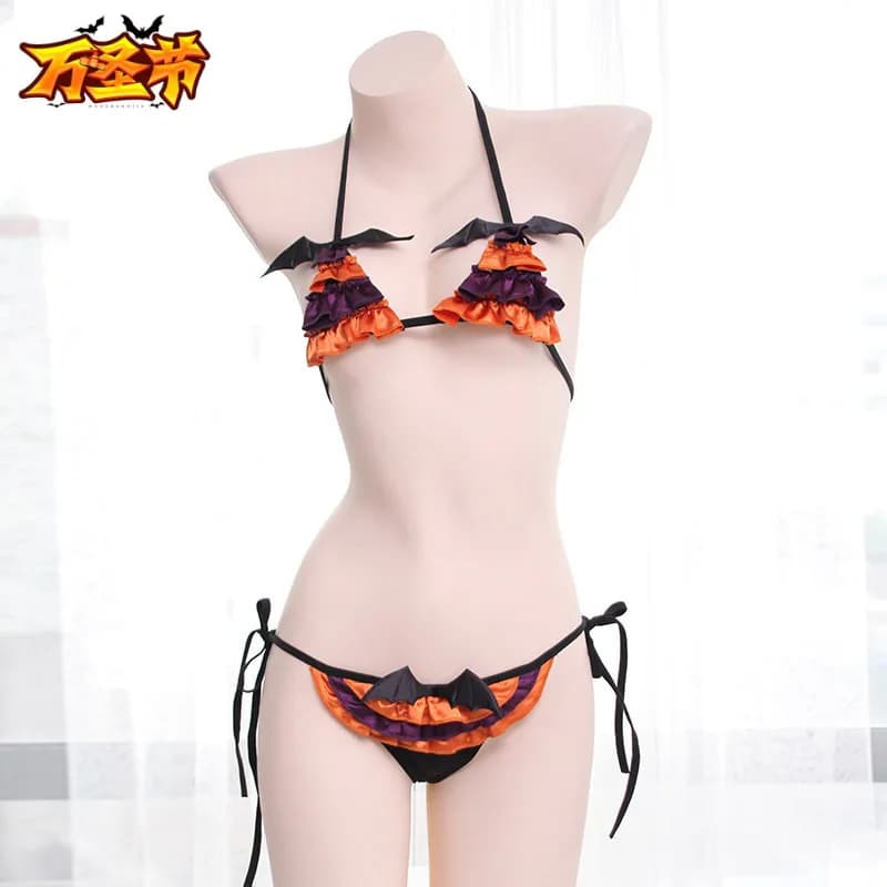 Costumi Cosplay di Halloween per donna Pumpkin Devil Bikini Set di biancheria Sexy reggiseno con scollo all'americana con biancheria intima perizoma abbigliamento esotico