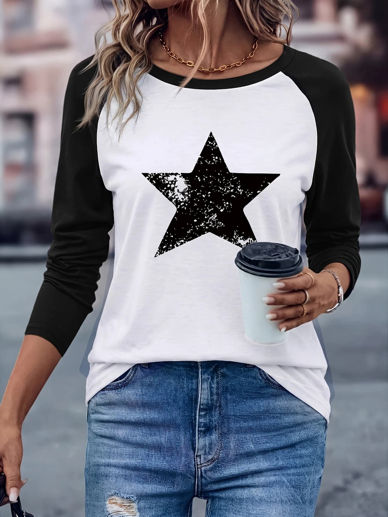2026 Daily Wear Star Print Geometric Pattern Raglan Long Sleeve T Shirt Casual Loose Top For Everyday Outfit