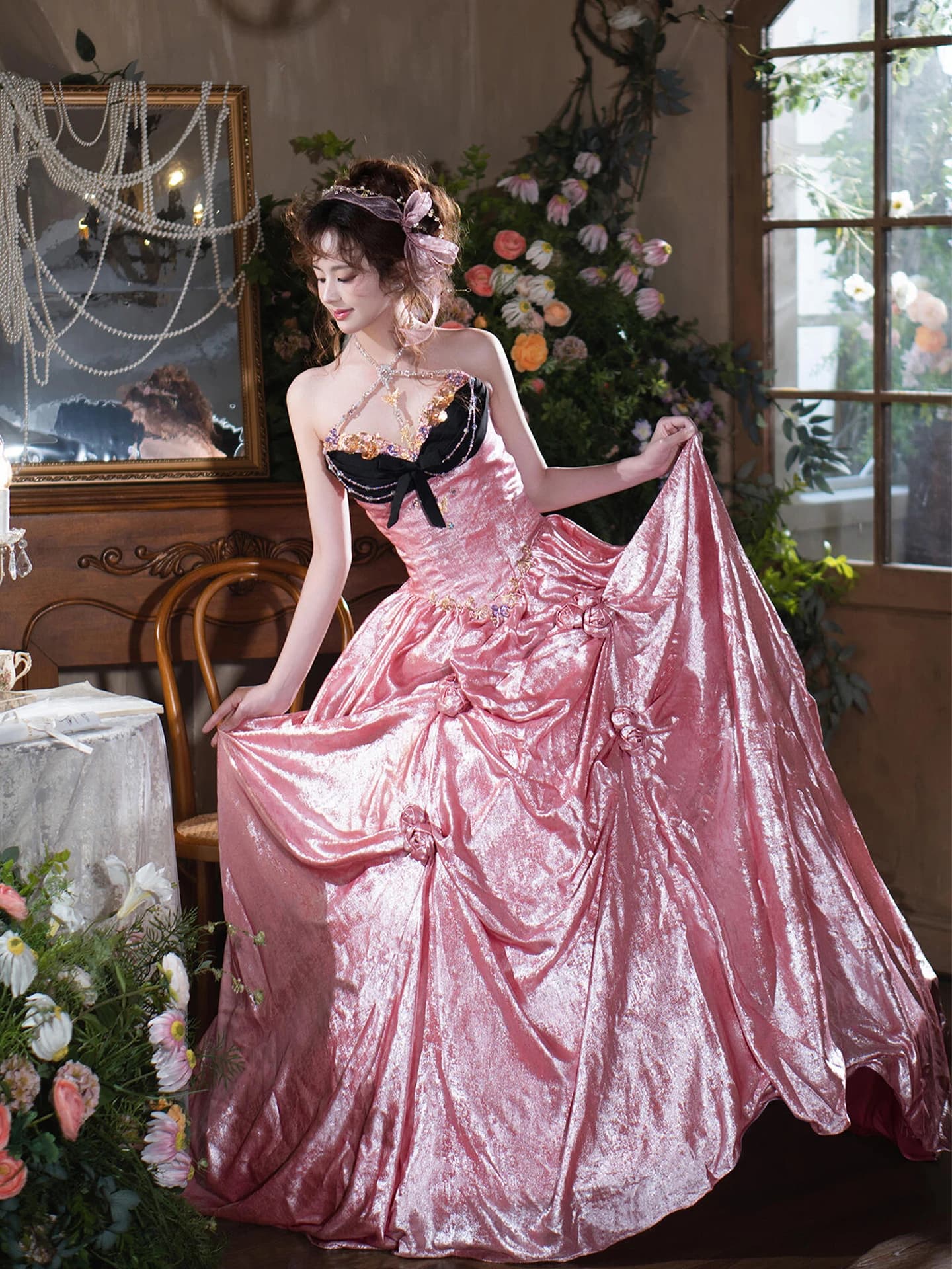 Abito da Sposa Rosa Dolce per Cerimonia, Compleanno Studenti, Festa di Compleanno, Abito da Principessa Lungo Senza Maniche a Tutta Lunghezza