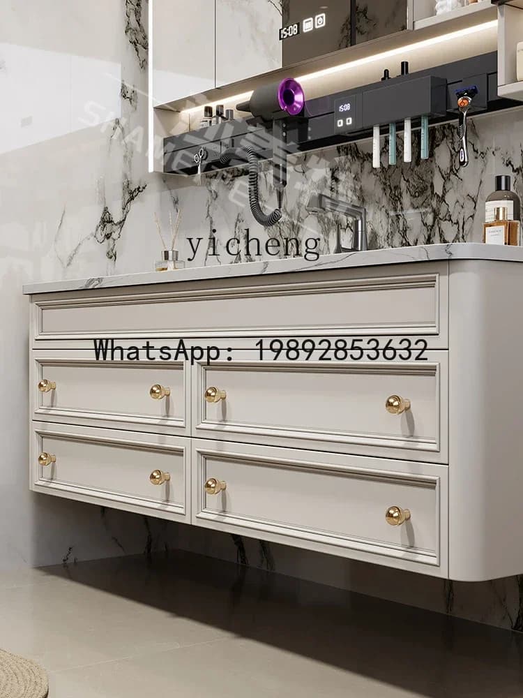 Combinazione di Mobili da Bagno in Stile Francese con Lavabo in Pietra Curvata a Caldo e Armadietto con Specchio Intelligente Personalizzabile