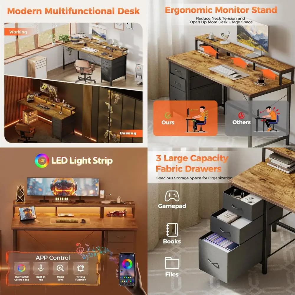 48 Scrivania da gioco rustica marrone con 3 cassetti, prese di corrente, luci a LED e supporto per monitor per piccoli spazi