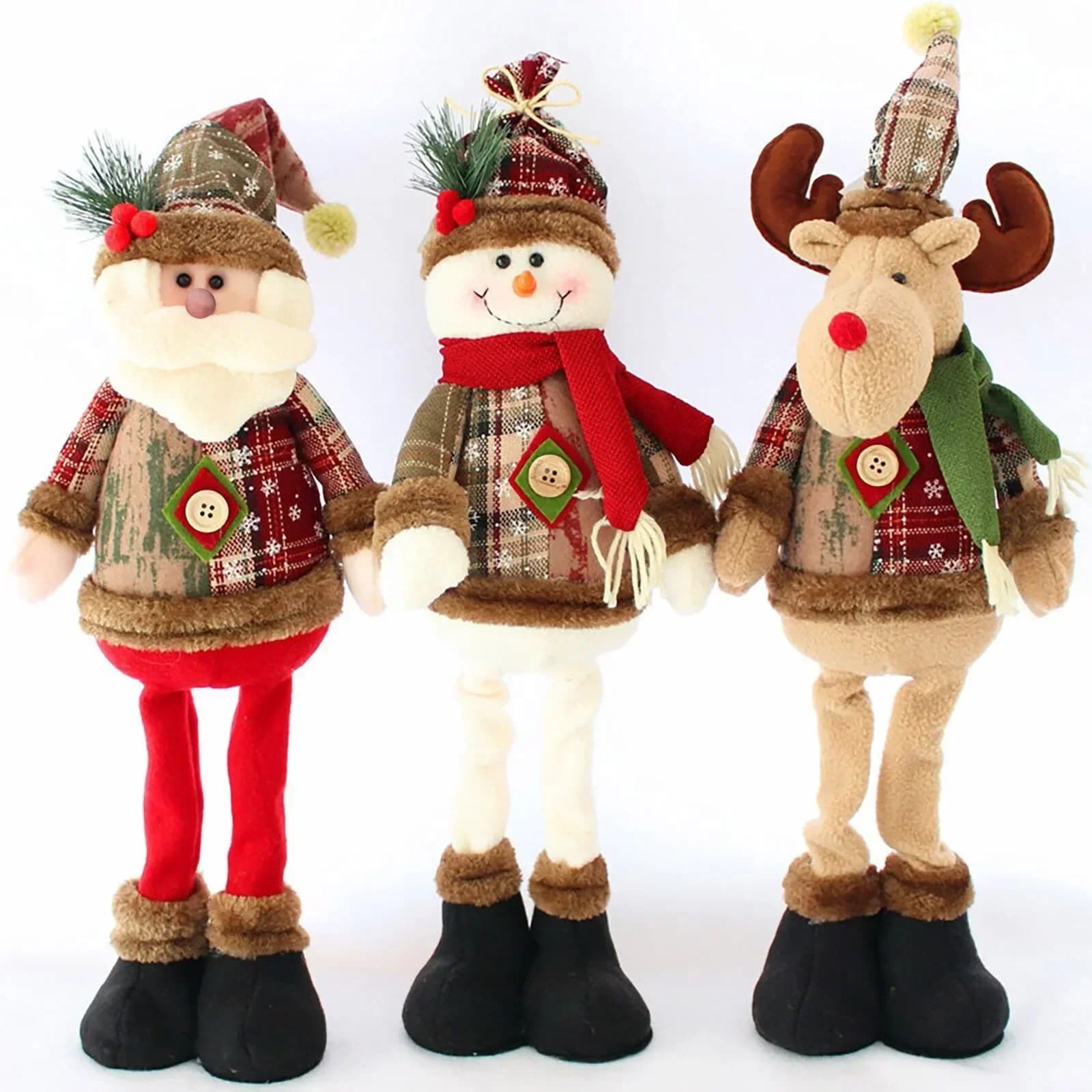Set di 3 Bambole Decorative Natalizie: Renna, Pupazzo di Neve e Babbo Natale, Ornamenti per Capodanno e Buon Natale