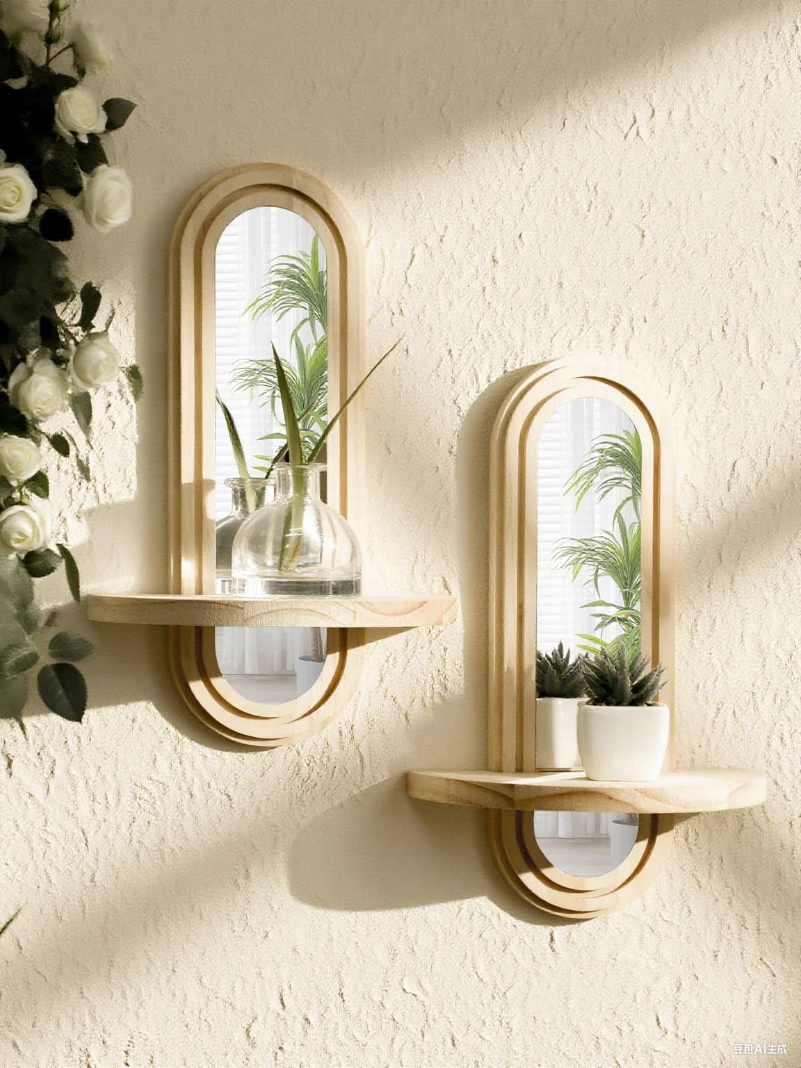 1pc Wooden Wall Shelves Boho Wall Mirror Natural Wood Finish Shelf Plant Display Stand for Bedroom Living Room Home Organization