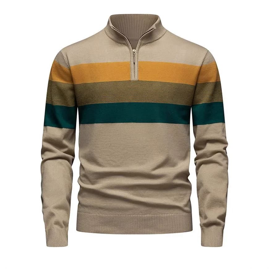 Autumn Winter Striped Knitted Pullovers Men Stand Collar Patchwork Half Zipper Casual Knit Sweater Male Fashion Warm Knitwear