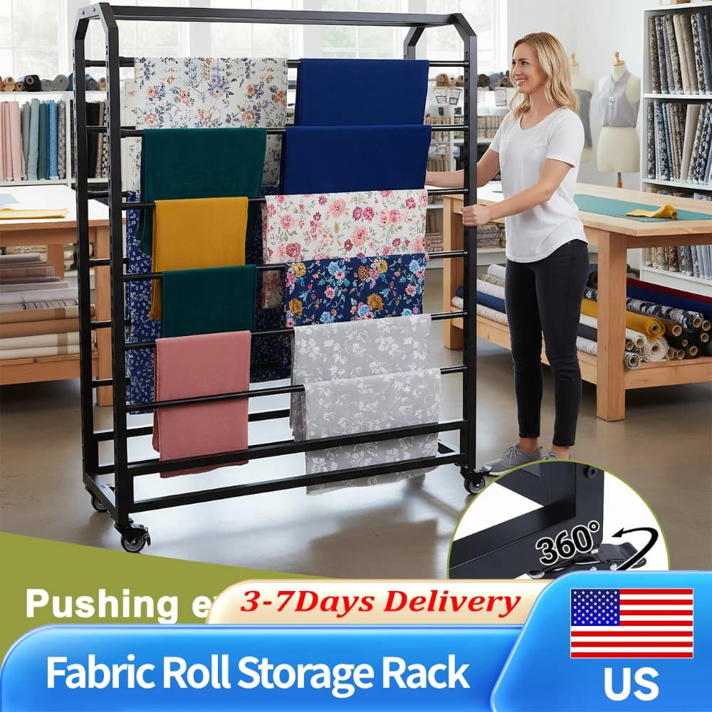 Organizer for Double Sided Fabric Rolls and Vinyls with Wheels, 12 Adjustable Auctions, Stand Resistant for Parade Card, Leather, Curtains