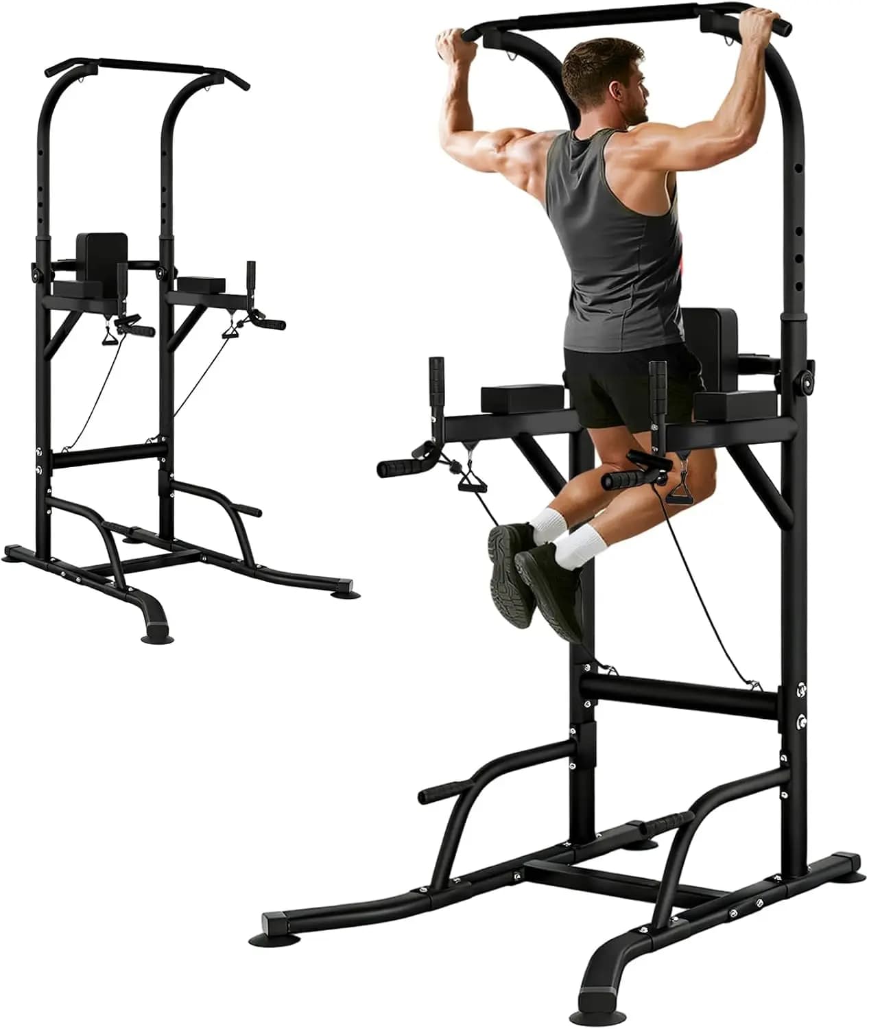 Multi Function Pull Up Bar Power Tower Dip Station, Heavy Duty Strength Training Fitness Stand, Full Body Workout Tower Equipment For Home Gym Upper Body Exercise, Black