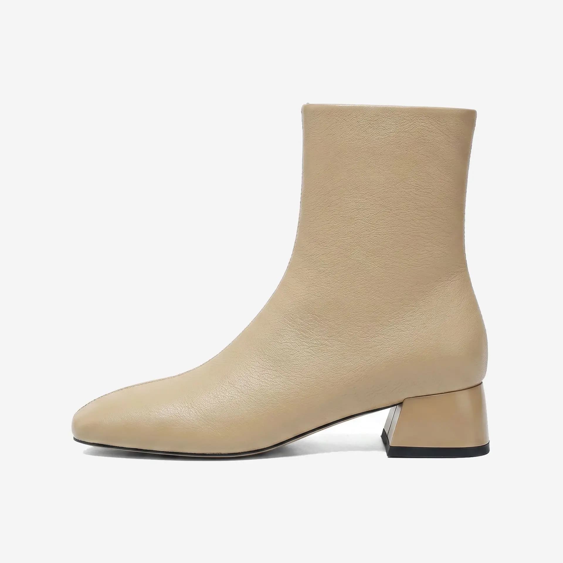 Square Head Thick Heel Short Boots Women's Gentle Apricot Soft Leather Side Zipper Versatile Temperament Commuting Thin Boots