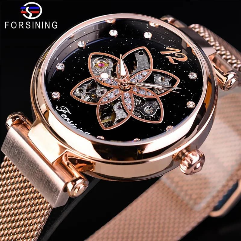 Forsining Orologi meccanici automatici da donna con luce notturna alla moda, impermeabili, per il tempo libero, con fiore cavo, cintura meccanica a rete
